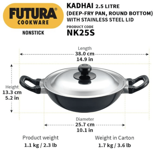 Hawkins Futura Nonstick Kadhai 2.5 L, 26 cm, 3.25 mm with SS lid (Black) - Image 4